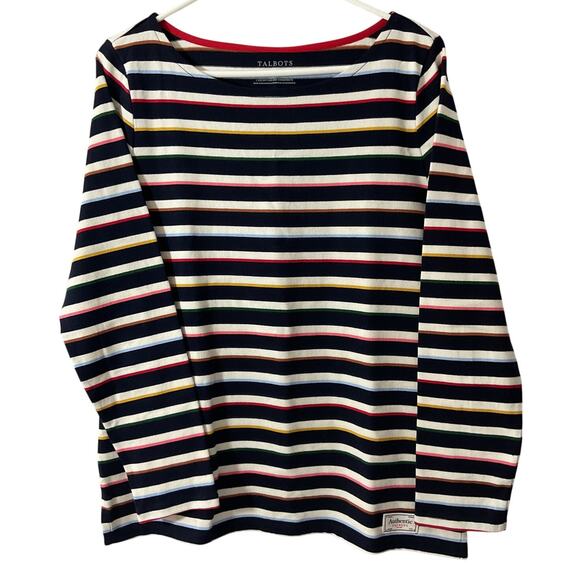 New Authentic Talbots Shirt  M Striped Blue Multi Cream Jersey Knit LS Top - Picture 1 of 6